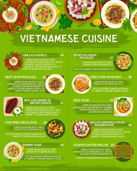 Vietnamská Kuchyně Restaurace Menu Šablony Mořská Okurka Hnědé Omáčce Enoki — Stockový vektor