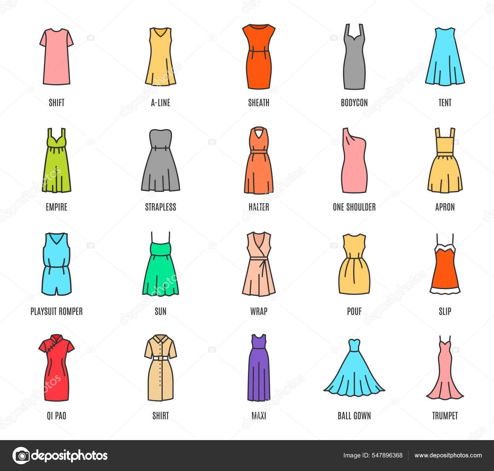 Vestidos Mujer Color Iconos Aislados Tipos Ropa Moda Femenina Vector Vector  de stock por ©Seamartini 547896368