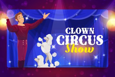 Shapito sirk çizgi film eğitmeni ve kanişler eğitimli hayvan sirkinin sahne vektör pankartıdır. Karnaval ya da lunapark performansı, antrenör ve köpekler mavi perdeli arenada numaralar gösteriyorlar.
