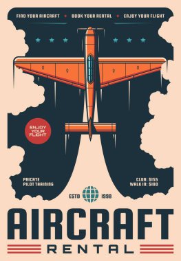 Aircraft rental service, vintage vector poster with retro airplane. Air plane travel tours and private jet flights, aviation adventure and aviators club training, aircraft booking and rental clipart