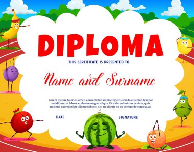 Çocuk diploması, yoga formunda çizgi film karakterleri. Komik limon, muz, armut ve karpuzlu erikli vektör mezuniyet sertifikası stadyum üzerinde yapılan garnet ve şeftali egzersizleri yoga pozları veriyor.