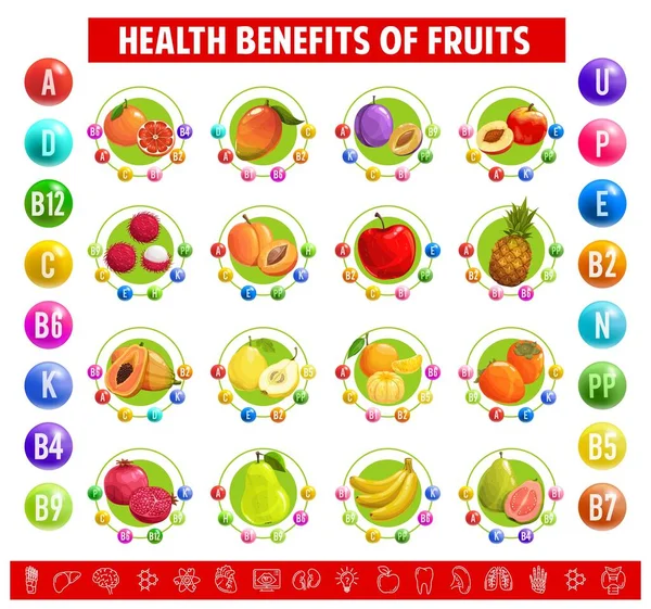 Obsah Tabulek Vitaminů Minerálních Látek Ovoci Vektorové Grapefruity Mango Švestky — Stockový vektor