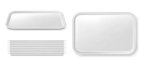 实际分离的塑料食品盘 供应盘或盘子3D载体 空的白色塑料托盘模型和堆栈 快餐馆 自助餐厅 咖啡店或饮食业的餐具 — 图库矢量图片