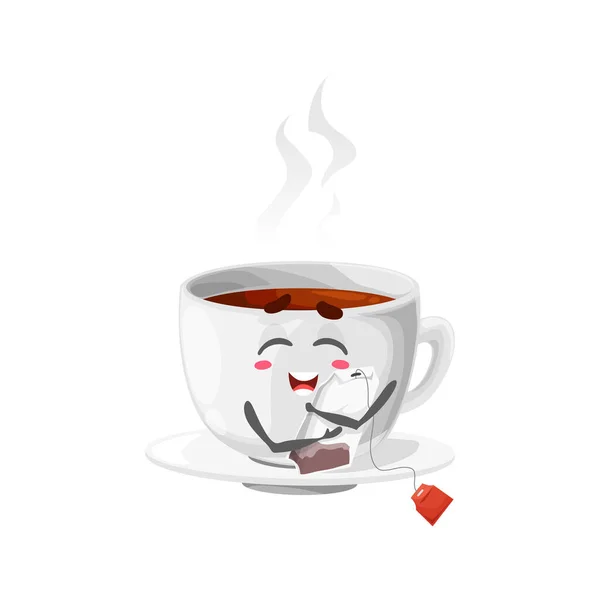 茶袋配上快乐的茶杯角色 卡通可爱的病媒杯 孤立的卡瓦茶杯快乐和喜庆的情绪 友好的人拥抱着茶袋 热饮喜剧人物 早餐饮料 — 图库矢量图片