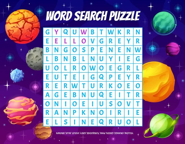 Word Puzzle Game Grid Con Cartoni Animati Pianeti Spaziali Colore — Vettoriale Stock