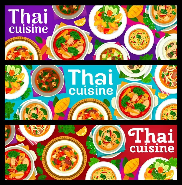 Cocina Tailandesa Comidas Pancartas Horizontales Curry Champiñones Cordero Sopa Pollo — Vector de stock