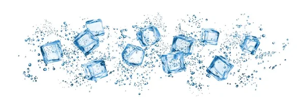 Cubos Hielo Realistas Salpicaduras Agua Azul Fondo Skinali Cocina Bloques — Vector de stock