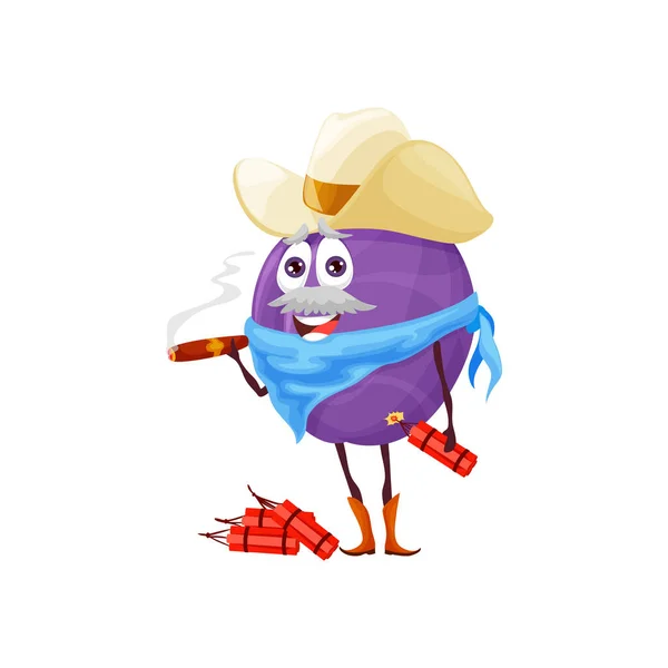 Cartoon Plum Cowboy Sheriff Robber Bandit Ranger Fruit Character Vector — Stock Vector