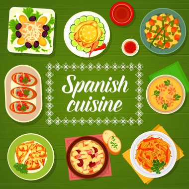 İspanyol mutfağı menüsünde sebze, et, balık ve deniz ürünleri tabakları var. Biber tapas, sardalya tostu, ton balığı, yumurta ve zeytin salatası, karides çorbası ve patlıcan escalivada