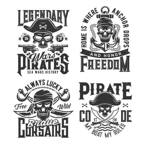 Pirata Bucaneros Calaveras Impresiones Camiseta Plantilla Vectorial Impresión Personalizada Con — Vector de stock