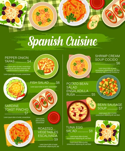 Spanisches Restaurant Menü Vektorschablone Mit Mediterraner Küche Gerichte Gemüsetapas Fisch — Stockvektor