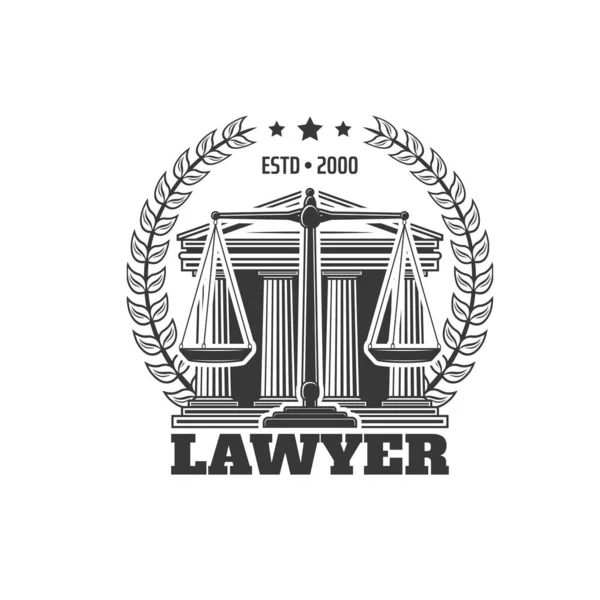 律师图标与法院大楼 天平和月桂花环 宣传公司的老式图标 司法机构或公司的单色矢量符号 司法和法律复古标志 — 图库矢量图片
