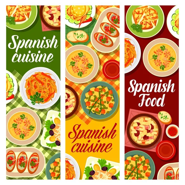 Іспанські Страви Кухні Векторні Знамена Овочевих Тап Салату Риби Соусів — стоковий вектор