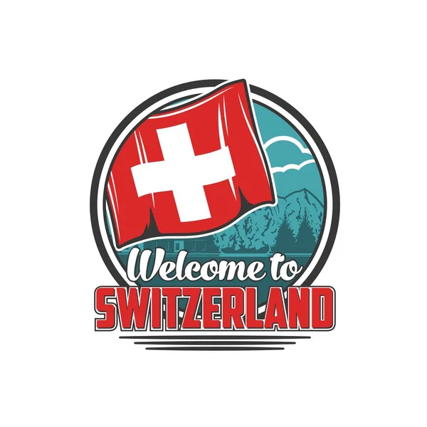 Ícone Viagem Suíça Com Paisagem Montanhosa Dos Alpes Bandeira Suíça — Vetor de Stock