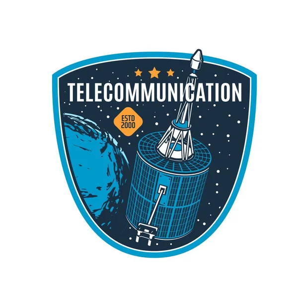 Telecommunication Satellite Vector Icon Transmission Antenna Solar Panels Earth Planet — Stock Vector