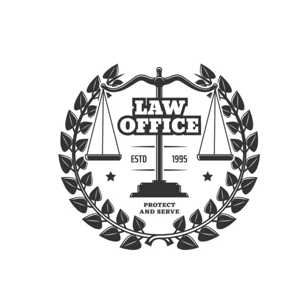 有月桂花花环的法律办公室图标 具有黑色花环和公正尺度的法律代理或公司单色矢量标志 律师服务标志 司法和法律徽章 — 图库矢量图片