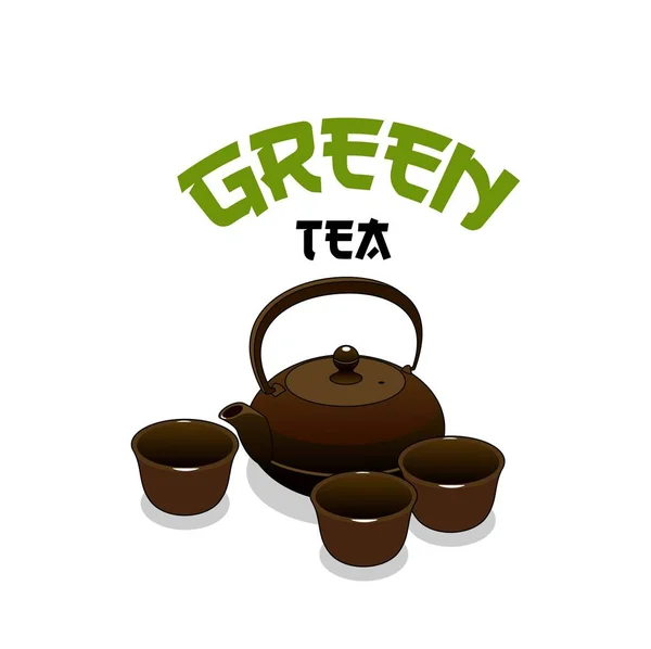 日本和中国茶道的绿茶矢量图标 配有茶壶 茶杯和茶碗 东方茶室的绿色 乌龙色或淡紫色饮品器皿的隔离标志 — 图库矢量图片