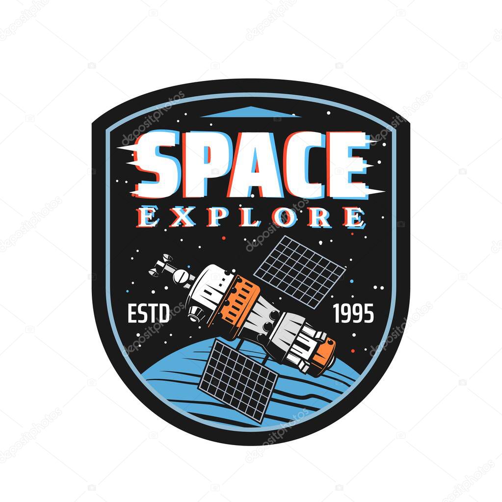Space explore icon of vector international space station, satellite or spaceship with universe planet, Earth and stars. Spacecraft technologies for cosmos exploration restro badge with glitch effect