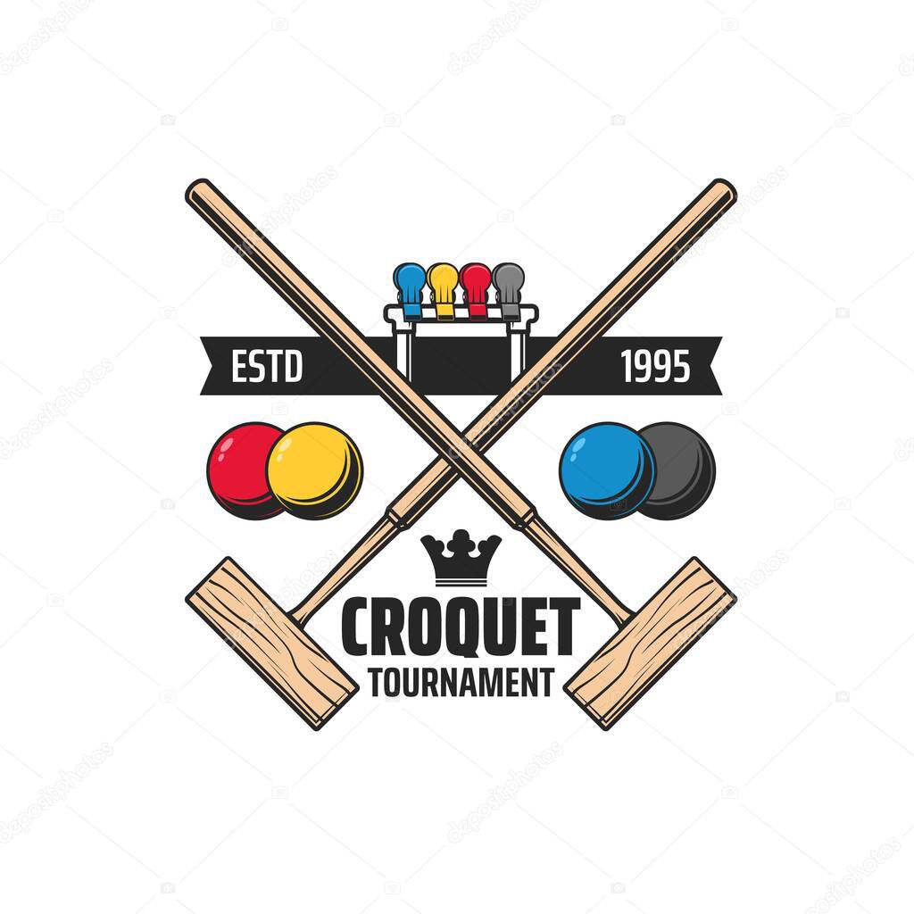 Croquet sport crossed wooden mallets icon with vector balls, wicket or hoop and colorful player clips. Croquet court, sport club, championship, tournament match isolated emblem or symbol design