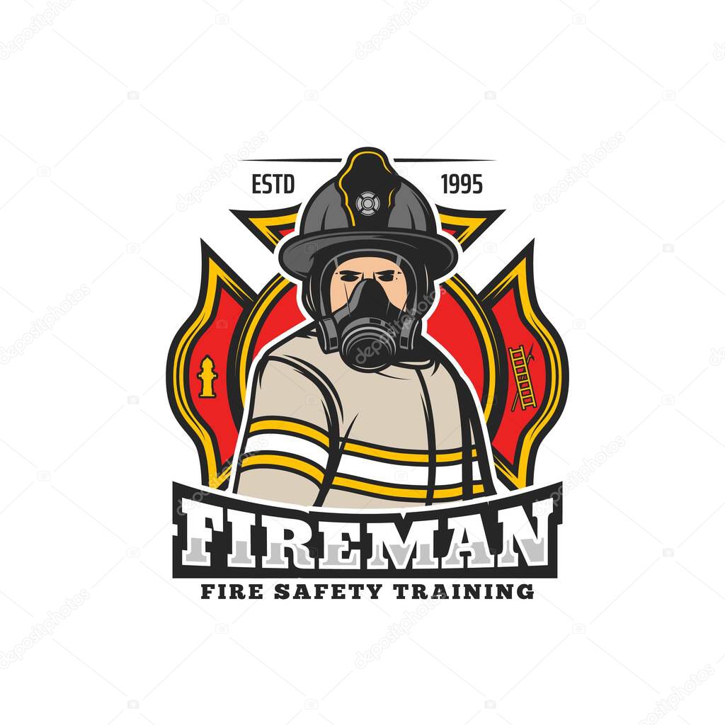 Fireman or firefighter retro icon. Fire department rescue team or brigade vector emblem, badge or icon with maltese cross, firefighter character in helmet and breathing apparatus gasmask or respirator