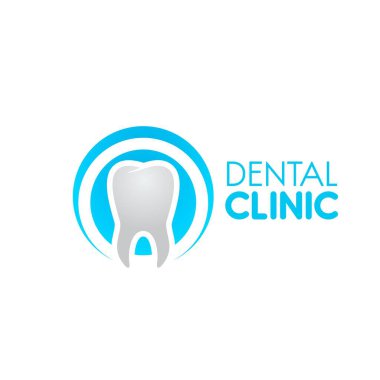 Diş sağlığı kliniği ikonu, dişçilik vektör tasarımı. Diş hekimliği, diş beyazlatma ve ağız sağlığı, stomatoloji tıbbi servisi beyaz dişli, sağlıklı diş minesi ve kökleri olan mavi bir sembol izole etti.