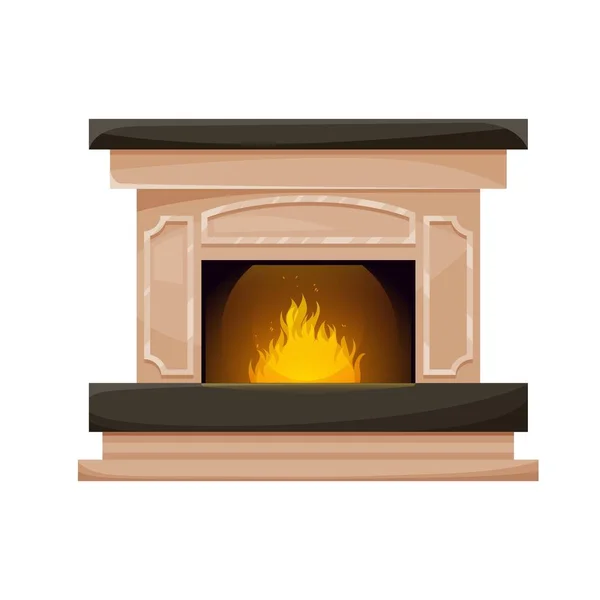 家庭壁炉 室内炉火熊熊燃烧 矢量传统室内烟囱与燃烧的火焰 老式或经典加热系统 卡通设计元素隔离在白色背景下 — 图库矢量图片