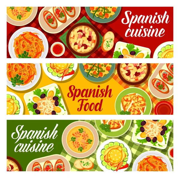 Ισπανική Κουζίνα Τροφίμων Διάνυσμα Πανό Λαχανικών Τάπας Κρέας Θαλασσινά Και — Διανυσματικό Αρχείο
