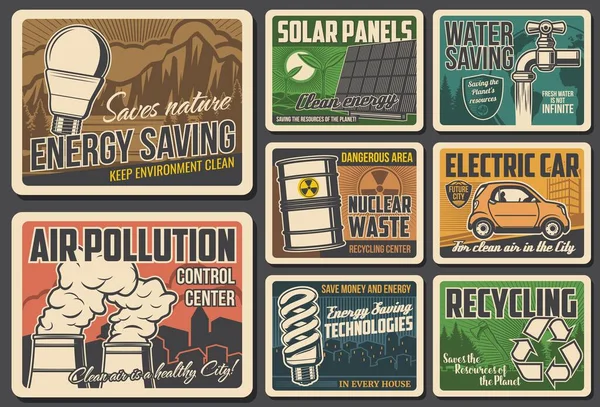 Mentse Természet Ökológiai Retro Vektor Plakátok Víz Tiszta Energia Megtakarítása — Stock Vector