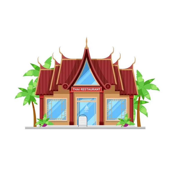 泰国餐厅建筑图标 泰国的咖啡店或餐馆门面有很大的窗户 玻璃门装饰着亚洲的装饰品 棕榈树 亚洲城市街道餐馆大楼外 — 图库矢量图片