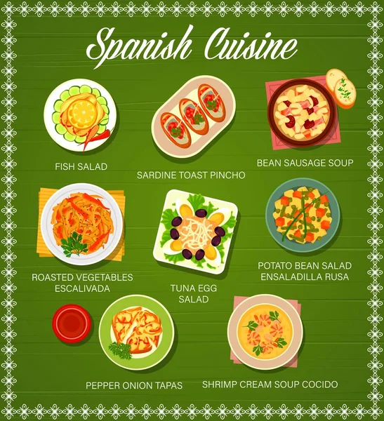 스페인 카드는 타파스 요리와 올리브 샐러드 수프와 소시지 정어리 토스트와 — 스톡 벡터