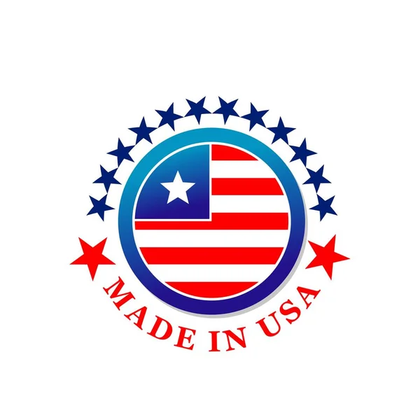 美国制造的标签图标与美利坚合众国的矢量标志 带有美国国旗红色 蓝色条纹和星条旗的孤立圆形徽章 产品质量保证标志 — 图库矢量图片