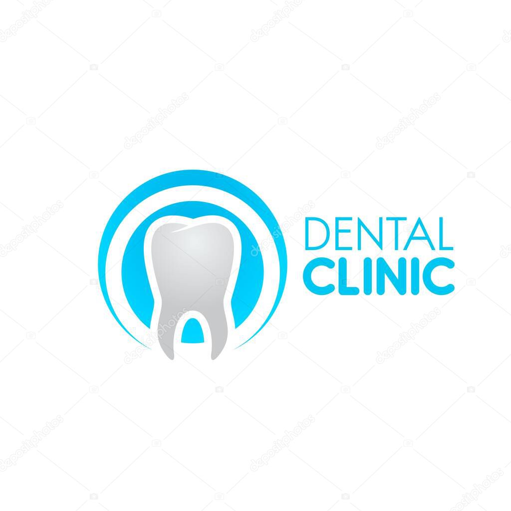 Dental clinic icon with tooth, dentistry vector design. Dentist office, teeth whitening and oral health, stomatology medical service isolated blue symbol with white tooth, healthy enamel and roots