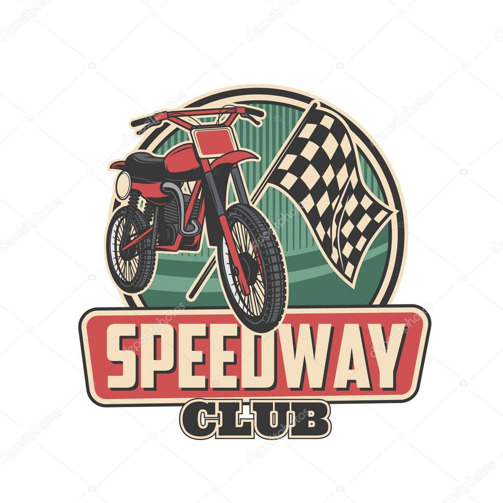 Speedway club icon. Motorcycle racing sport, motocross competition vector emblem with speedway bike, checkered finish flag and old motorbike headlight. Motorsport race vintage icon