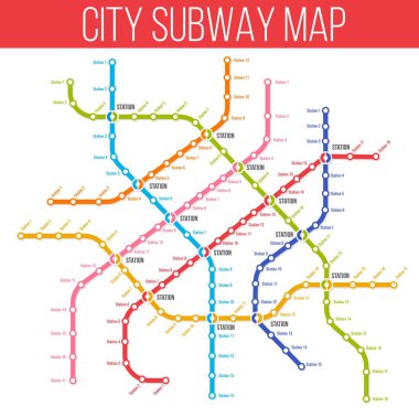 Metro, metro ve yeraltı ulaşım sistemi haritası. Şehir metro istasyonu şeması. Metropolis otobüsü, tramvay ya da tramvay durakları ve güzergah planı, şehir yolcularının ulaşım haritası.