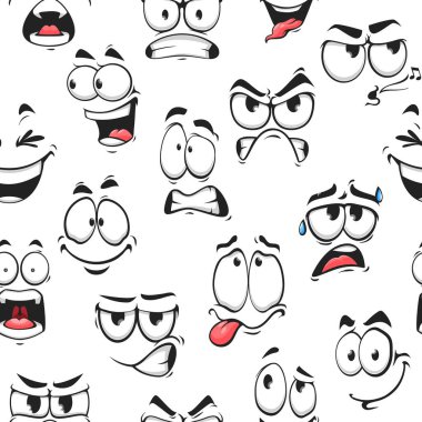 Farklı yüz ifadeleri olan çizgi film yüzleri ve emojiler. Komik, komik, komik, kızgın ve ağlayan, çılgın, aptal ve neşeli duyguları olan karakterlerin vektör arkaplanı