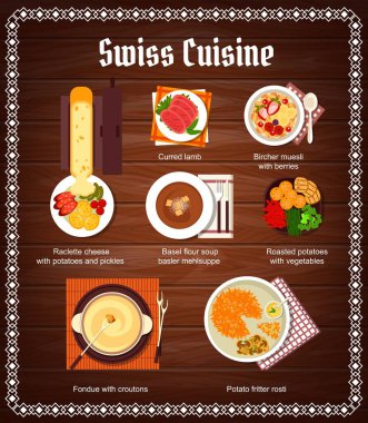 İsviçre mutfağı menüsü, yemek yemekleri ve akşam yemekleri, vektör İsviçre restoranı öğle yemeği. İsviçre mutfağı huş müsli böğürtlenli kahvaltı, patates kızartması rosti ve kızarmış kuzu eti.