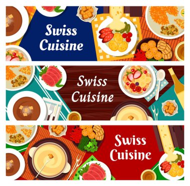 İsviçre mutfak afişleri, öğle ve akşam yemekleri için yemek tabakları, vektör. İsviçre mutfağı yemek menüsü, patates ve turşulu raclette peyniri, daha sade ve kızarmış kuzu eti ve kızarmış ekmek ile fondü.