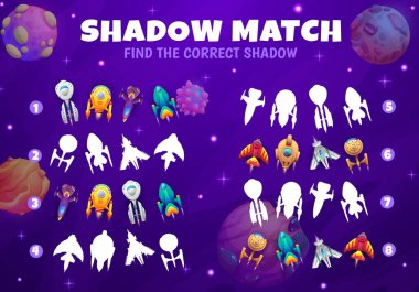 Çizgi film yıldızgemileri, uzay gemileri ve yıldız gemileri gölgeler eşleşen oyun kağıdında. Çocuklar bilmece ya da siluet bulmaca vektör kitabı sayfasını karşılaştırır, doğru şekil gölge görevi bularak etkinlik gösterir