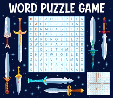 Fantezi bıçakları, kılıçlar ve kelime arama oyunu çalışma kağıdında sihirli hançerler. Çocuklar test ızgarası, bilmece ya da eğitim oyunu, kelime dağarcığı ve alfabe öğrenme ile zeka testi, mantıksal aktivite