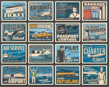 Havacılık hizmetleri vektörü, retro posterler, bilet ofisi, charter uçuşları, uçak yolculuğu, havaalanı bilgi masası, bagaj kontrolü, pilot okul ve hostes kursları. Pasaport denetimi ya da sevkiyat