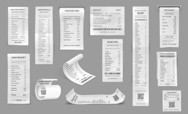 Dükkan fişi, nakit kağıt fatura, satın alma makbuzu. Vektör süpermarket perakende satış çeki ve toplam maliyet satış ödemesi, QR ve barkodlu 3D izole edilmiş çek boşlukları, gerçekçi set