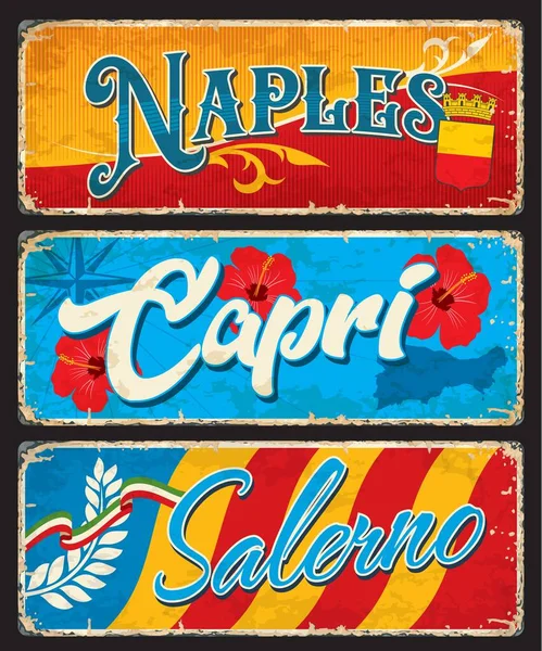 Nápoles Capri Salerno Pegatinas Viaje Platos Italianos Ciudades Europeas Islas — Vector de stock
