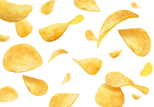 Flying Falling Crispy Wavy Potato Chips Vector Background Realistic Ripple — Stock Vector