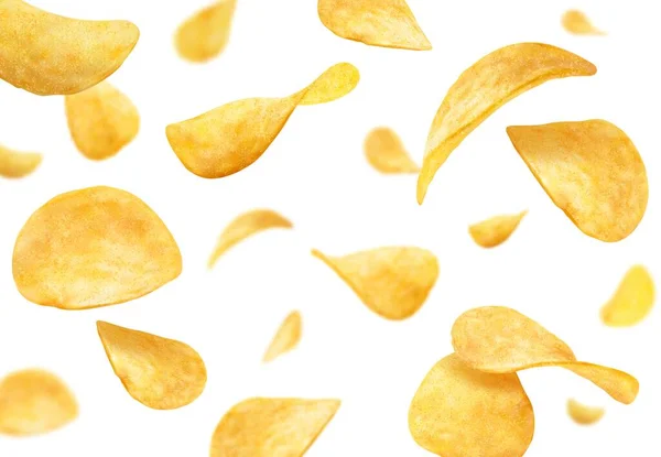 Patatas Fritas Onduladas Que Vuelan Caen Crujientes Fondo Vectorial Con — Vector de stock