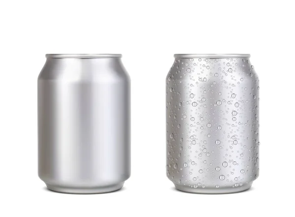 Realistisch Kort Aluminium Blikje Met Waterdruppels Zilver Bier Frisdrank Limonade — Stockvector