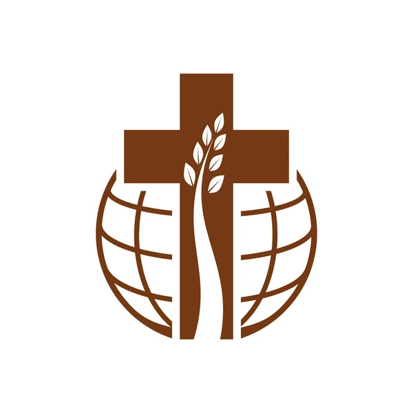Christianisme Religion Vecteur Icône Arbre Croître Crucifix Globe Terrestre Croix — Image vectorielle