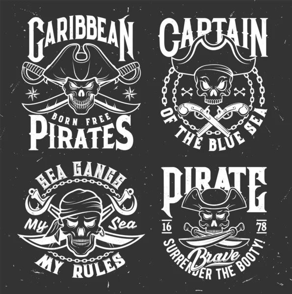 Pirate Skulls Swords Crossbones Vector Shirt Prints Caribbean Sea Bandits — Stock Vector