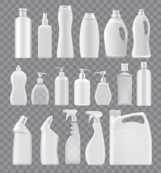 清洁剂 液体肥皂和洗涤剂容器都是模仿的 矢量瓶 白色塑料管与手柄 喷雾器 分离的3D现实空白包装化学品 去污剂 漂白剂 — 图库矢量图片