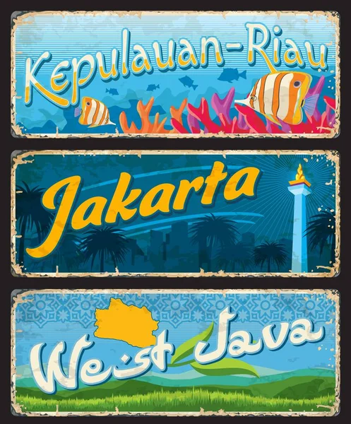 Zachodnia Java Dżakarta Kepulauan Riau Indonezyjskie Tablice Podróży Naklejki Indonezja — Wektor stockowy