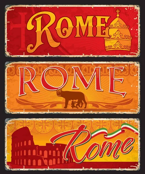 Olasz Róma Város Utazási Matricák Rendszámok Olasz Főváros Grunge Bannerek — Stock Vector
